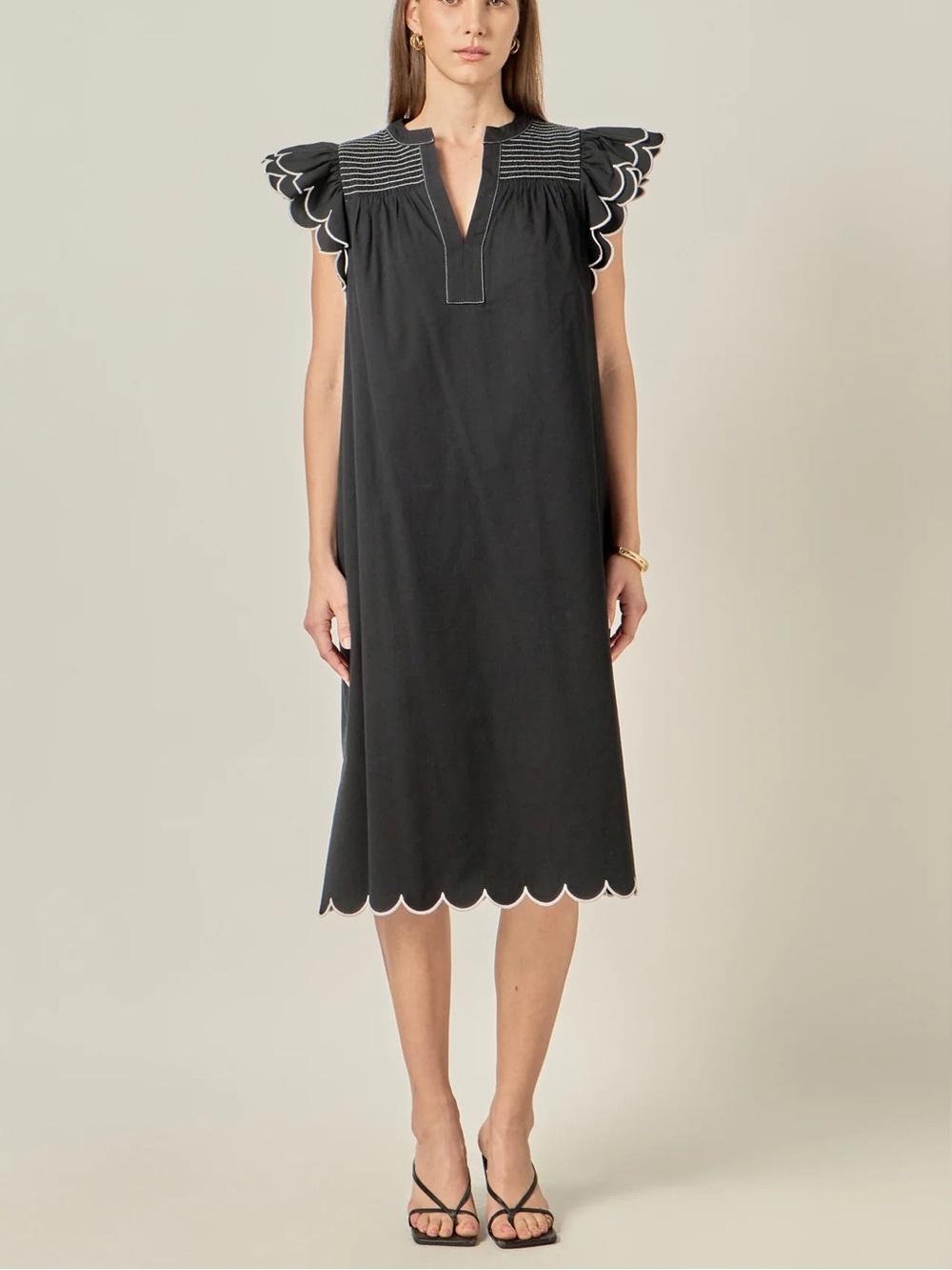 NEW English Factory Scalloped Black Midi Dress Women's Size Small